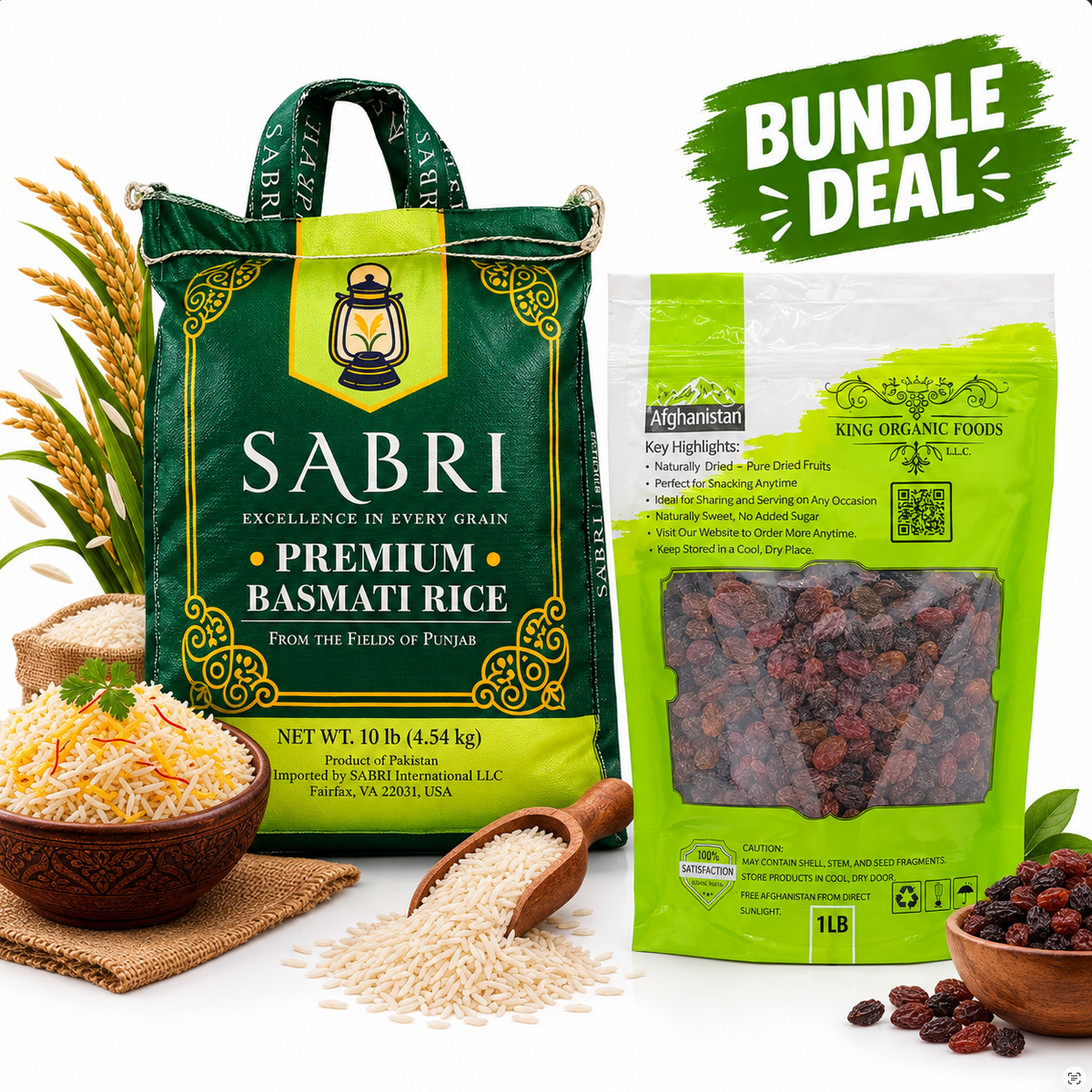 10 lb Premium Sabri Basmati Rice + 1 lb Afghan Raisins Bundle | Rice & Dried Fruit